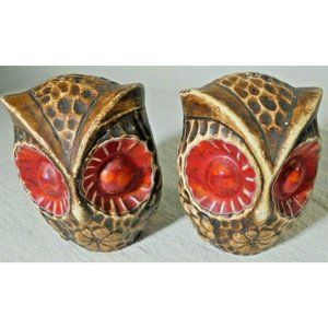 Vintage Owls Salt and Pepper Shaker Set Ceramic brown red eyes kitchen